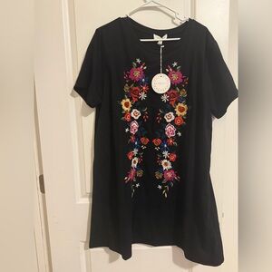 Umgee Black t shirt Dress with Colorful Floral Embroidery